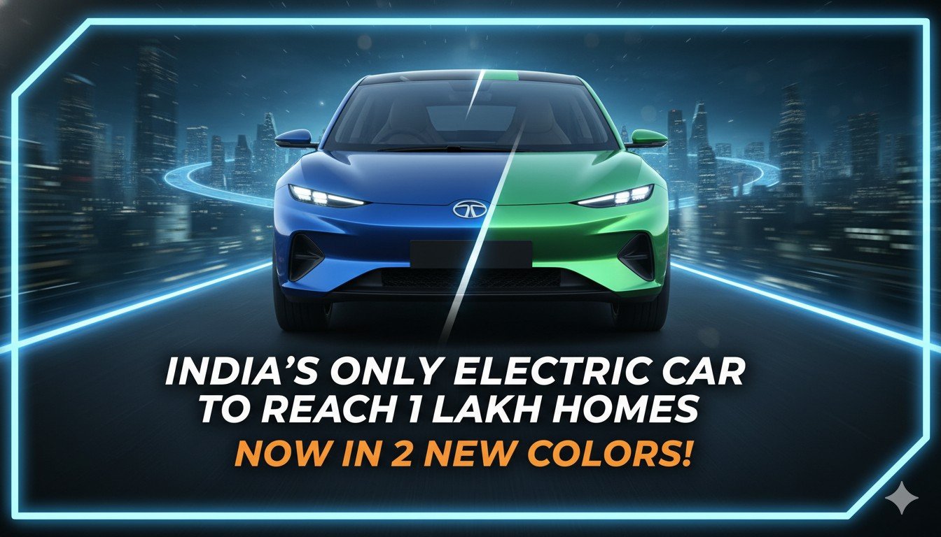 टाटा नेक्सॉन EV Ocean Blue कलर में पार्क की हुई, बैकग्राउंड में शहर का दृश्य