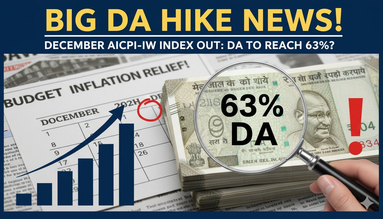 केंद्रीय सरकारी कर्मचारियों के महंगाई भत्ते में वृद्धि की खबर दर्शाता ग्राफिक, AICPI इंडेक्स और बजट दस्तावेज के साथ।