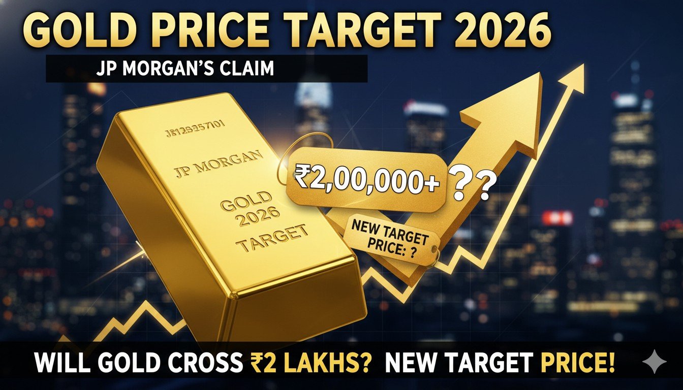 Alt Text for featured image : सोने के सिक्के और बार के साथ JP Morgan का 2026 गोल्ड प्राइस टारगेट $6300 दिखाता ग्राफिक