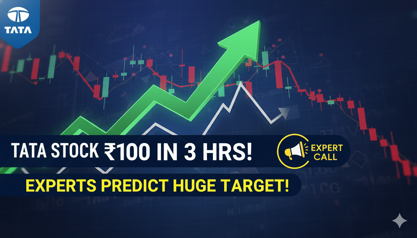 ट्रेंट लिमिटेड का शेयर चार्ट दिखाता हुआ, जिसमें तेज उछाल और टाटा ग्रुप लोगो के साथ बाजार की कमजोरी में मजबूत प्रदर्शन