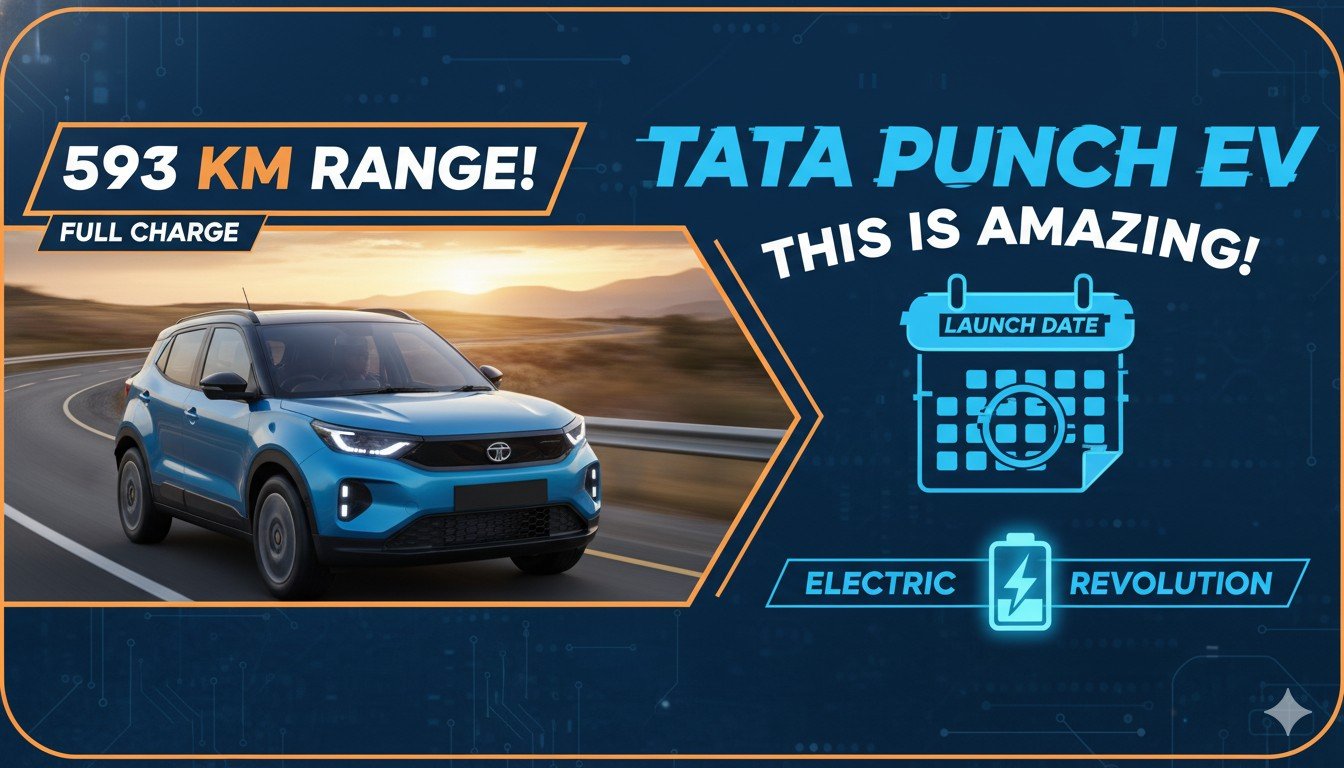 नई टाटा पंच EV फेसलिफ्ट फुल चार्ज पर 593 किलोमीटर रेंज दिखाते हुए