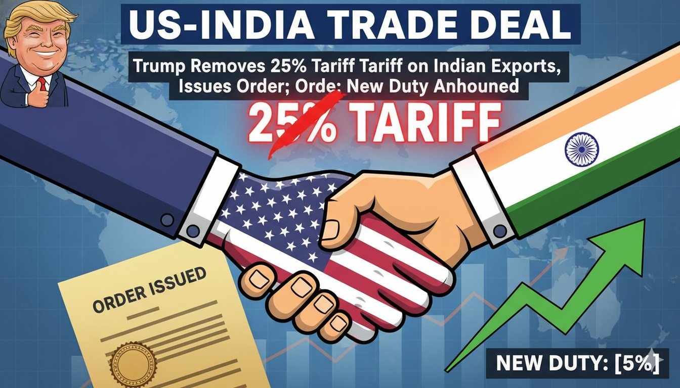 अमेरिकी राष्ट्रपति डोनाल्ड ट्रंप और भारतीय प्रधानमंत्री नरेंद्र मोदी व्यापार समझौते पर हाथ मिलाते हुए।