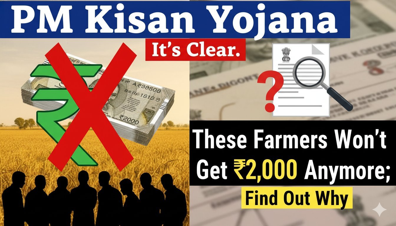 पीएम किसान योजना के तहत किसानों के बैंक खाते में 2000 रुपये की किस्त नहीं आने का ग्राफिक इलस्ट्रेशन, अयोग्यता के कारण दिखाते हुए