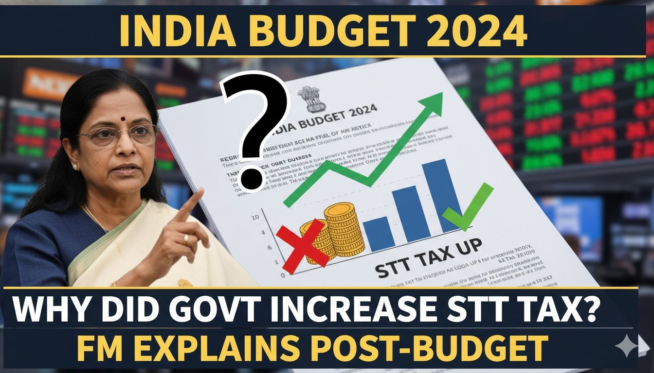 वित्त मंत्री निर्मला सीतारमण बजट पेश करते हुए STT बढ़ोतरी की घोषणा करती हुईं