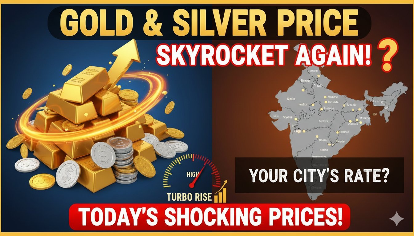 सोने और चांदी के सिक्के और बार के साथ आज की बढ़ती कीमतों का ग्राफ दिखाता हुआ इमेज