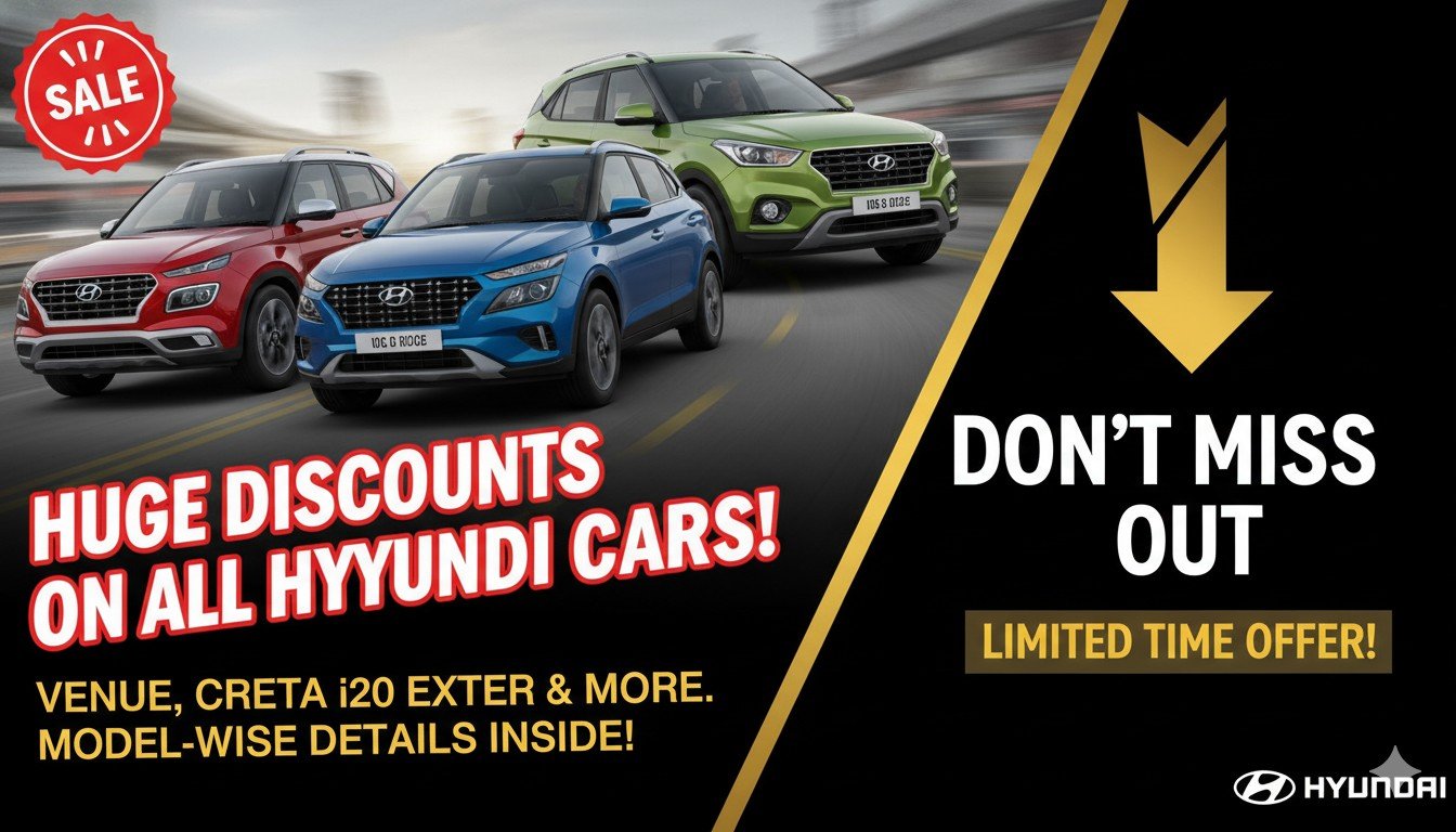 हुंडई क्रेटा, वेन्यू, i20 और एक्सटर कारों पर फरवरी 2026 की बंपर छूट दिखाती इमेज