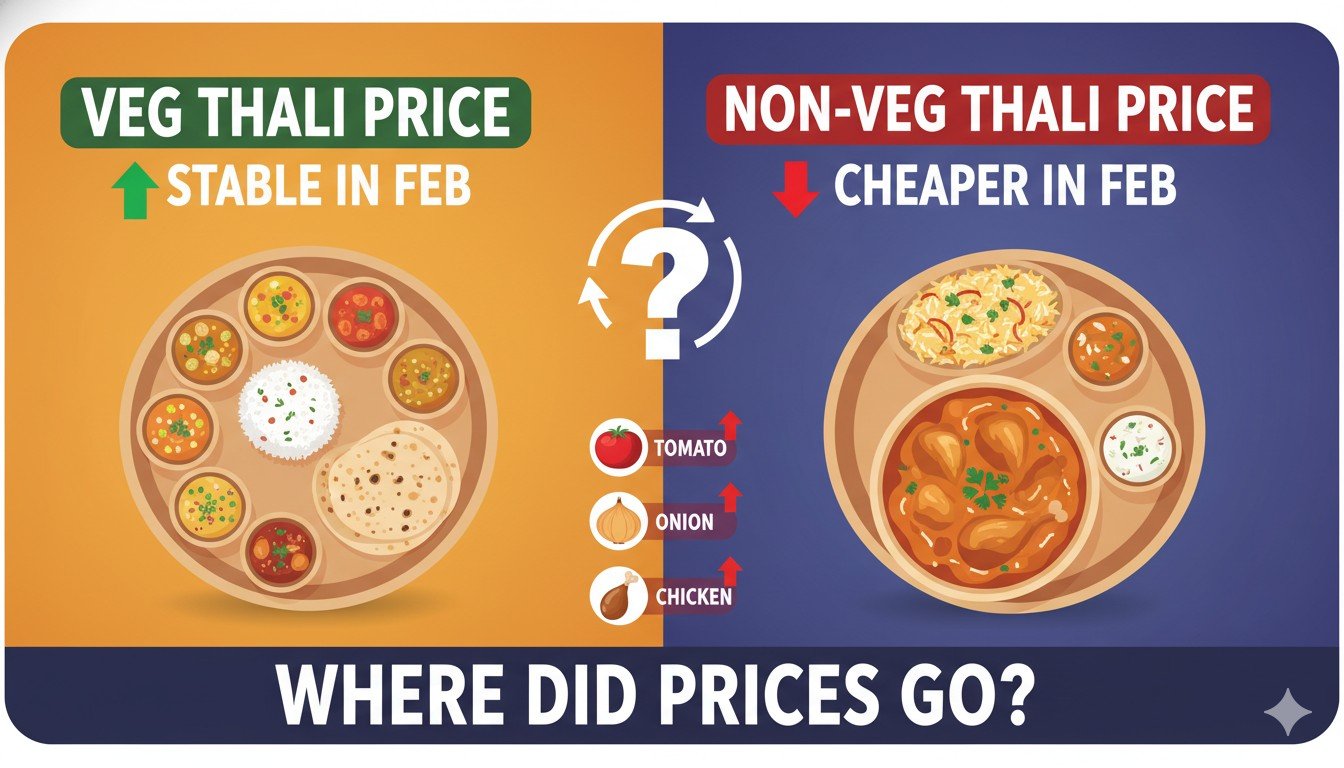 फरवरी 2026 में शाकाहारी और मांसाहारी थाली की कीमतों का ग्राफिक, टमाटर, प्याज और चिकन के साथ थाली की तस्वीर