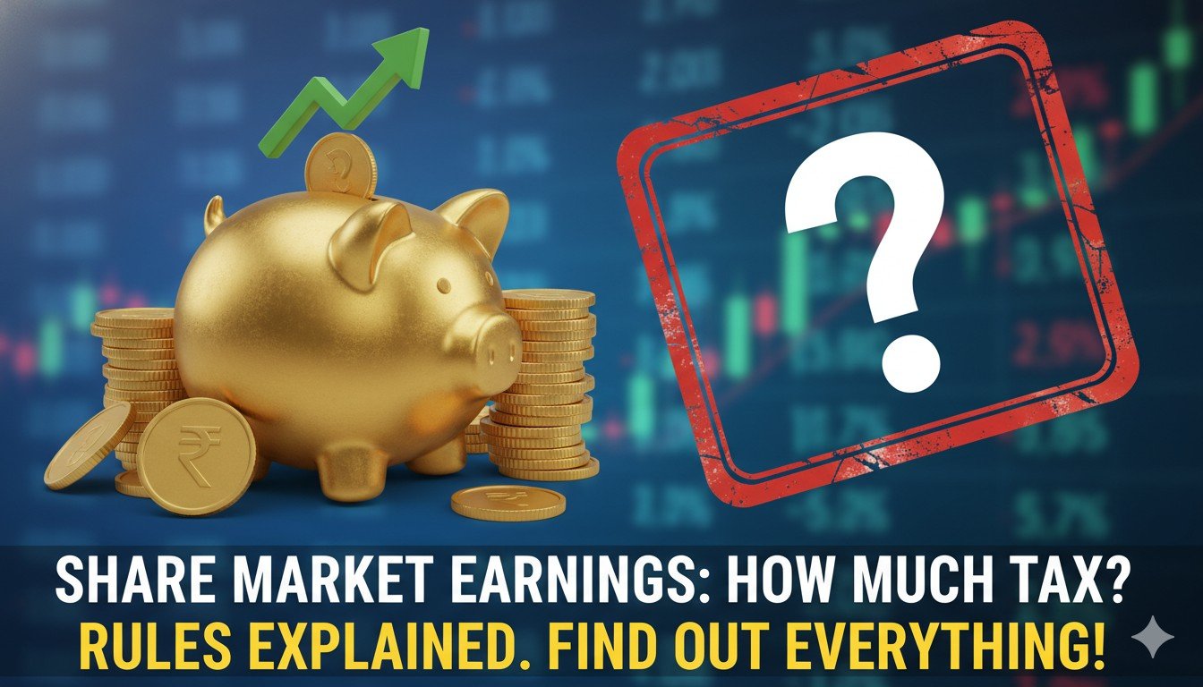 शेयर बाजार से कमाई पर टैक्स नियमों का ग्राफिक इलस्ट्रेशन, LTCG और STCG दरें दिखाते हुए