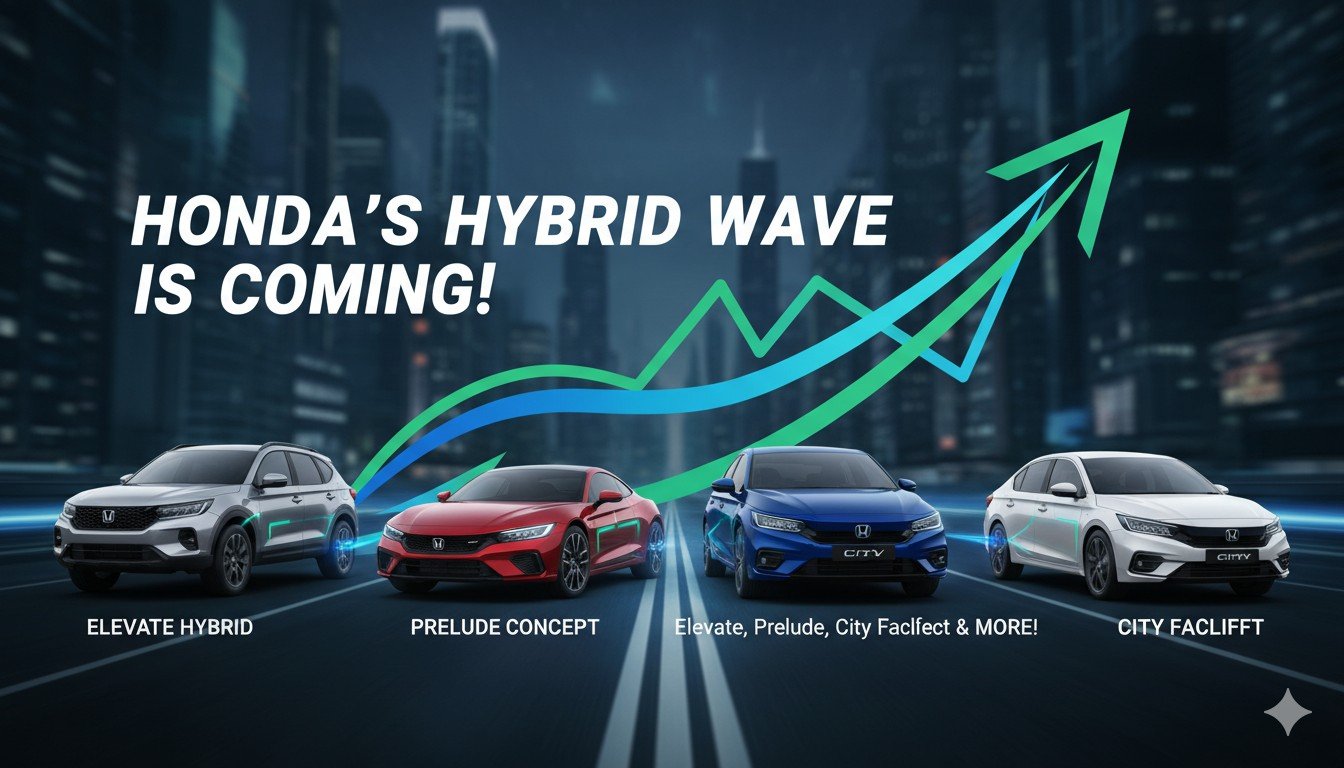 होंडा एलिवेट हाइब्रिड, सिटी फेसलिफ्ट और प्रील्यूड हाइब्रिड कारों का ग्रुप व्यू 2026 लॉन्च