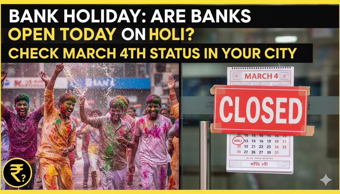 4 मार्च 2026 को होली के दिन बैंक ब्रांच के बाहर ग्राहक और बंद/खुले का संकेतक बोर्ड